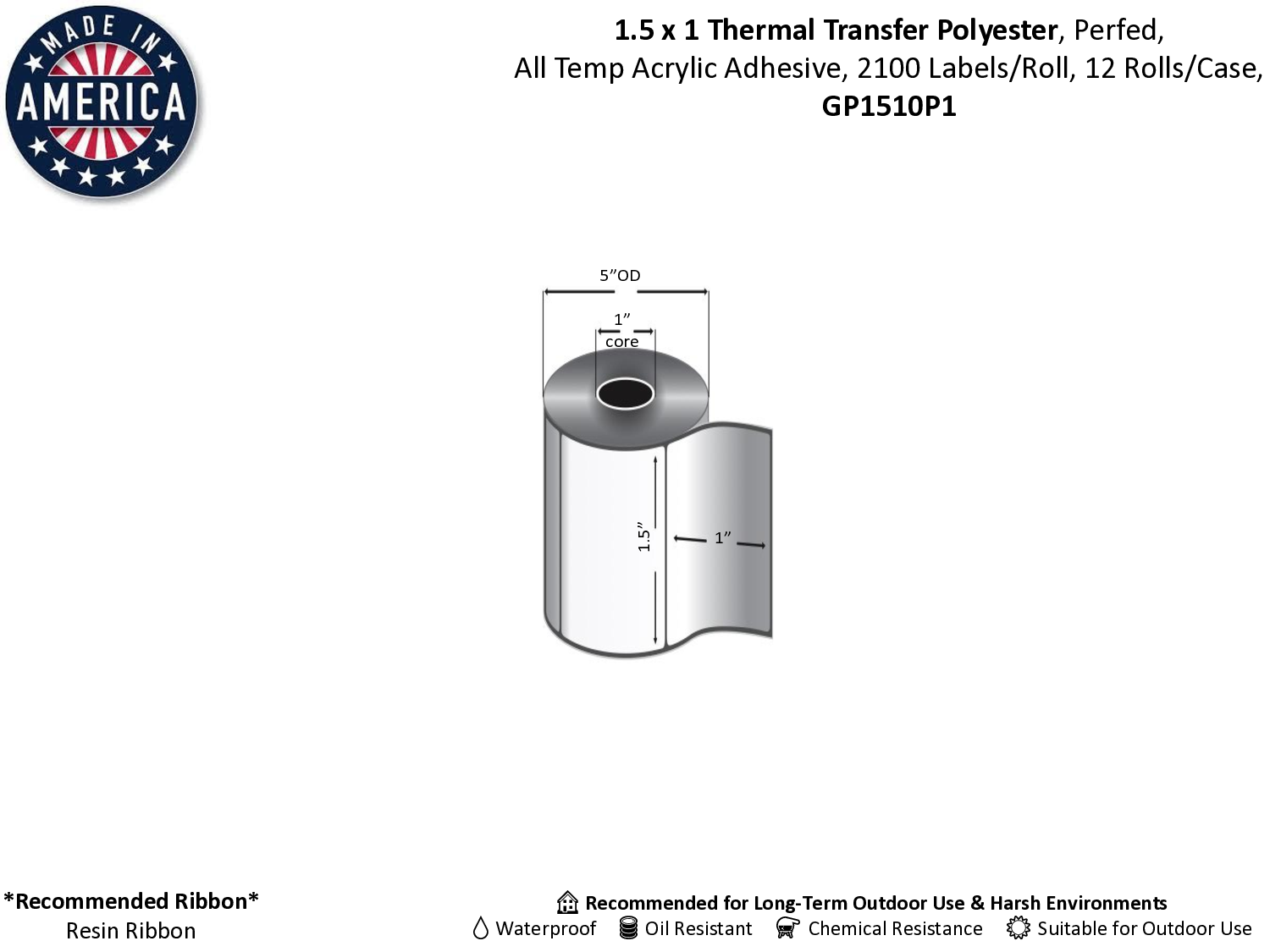 Thermal Transfer Gloss Polyester 1" Core Labels